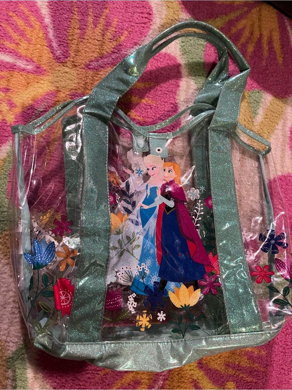 Disney Clear Glitter Tote Bag in Mint with Frozen Characters